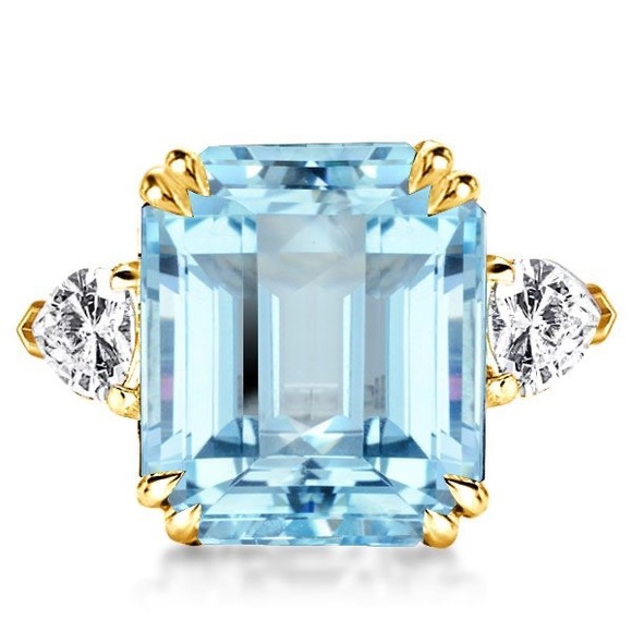 Italo Aquamarine Ring Emerald Cut Engagement Ring 3 Stone Ring - Picture 1 of 8